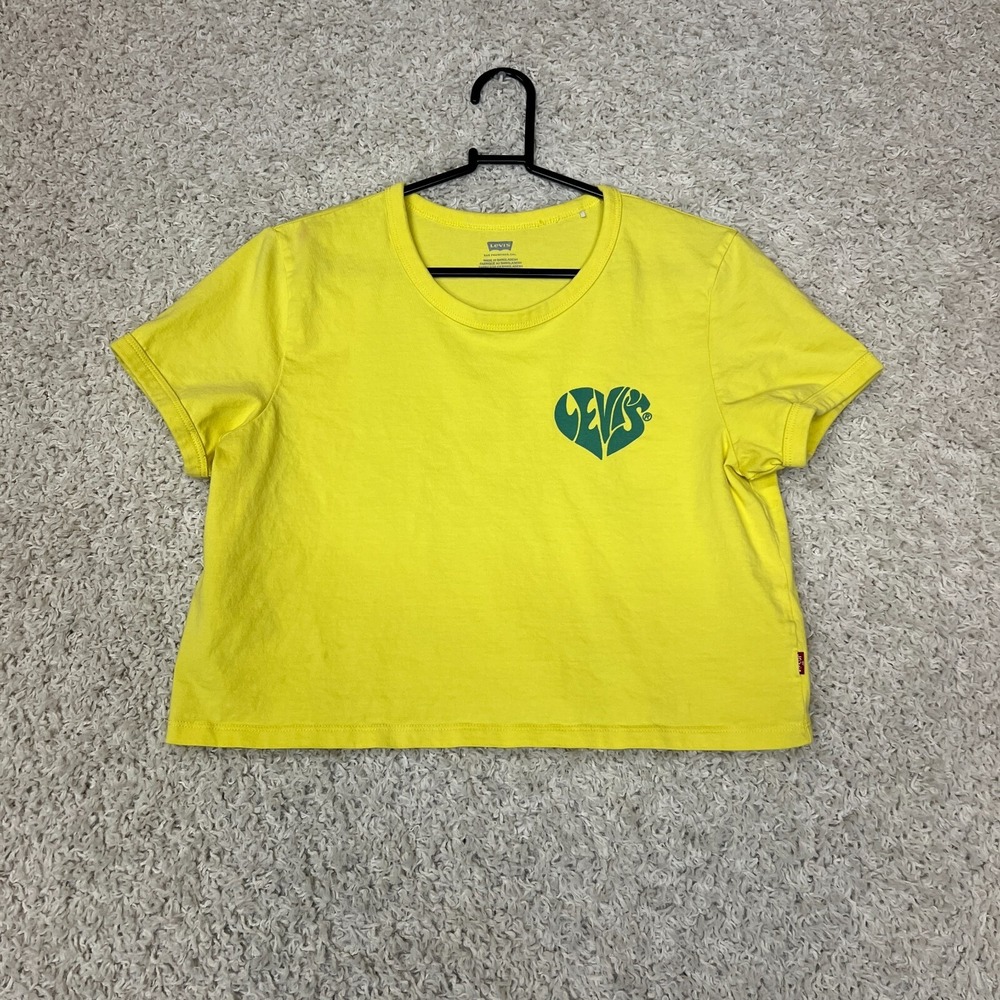 Levis Cropped Top Tee Shirt Womens Medium Yellow Heart‎ Listen To Nature Graphic
